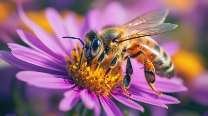 An extreme close-up of a bee collecting pollen from a flower, highlighting the beauty and importance of pollination, macro photography, bee, hd, pollination with copy space