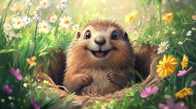 Adorable Smiling Groundhog Cutely Emerges from Burrow Surrounded by Spring Flowers and Lush Grass on Groundhog Day.