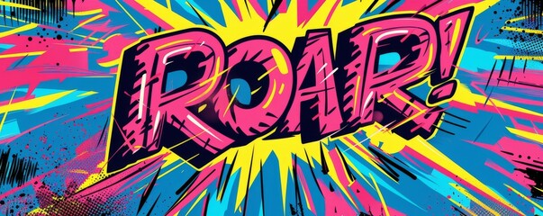 Fun pop art background featuring "ROAR!" Bold graphics, Dynamic visuals, Bright vector