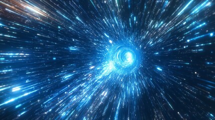 Vivid cosmic tunnel, bright blue light streaks, abstract motion effect.
