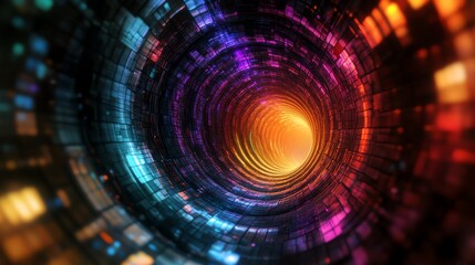 Abstract colorful tunnel, vibrant lighting effect, digital space perspective.