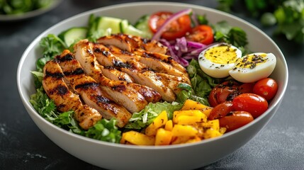 Fototapeta premium Salad bowl with grilled chicken, vegetables, and a boiled egg. Fresh, colorful ingredients arranged in a balanced way.
