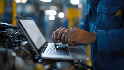A mechanic uses a laptop computer to diagnose a problem with an engine.