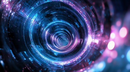 Abstract futuristic tunnel with glowing lights in purple and blue shades.
