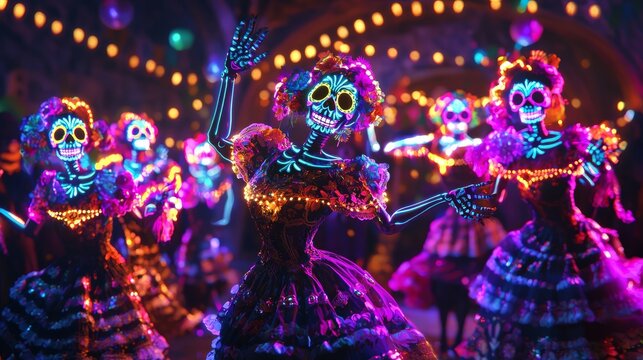 Glowing Neon Sugar Skull Catrinas Celebrating Day of the Dead