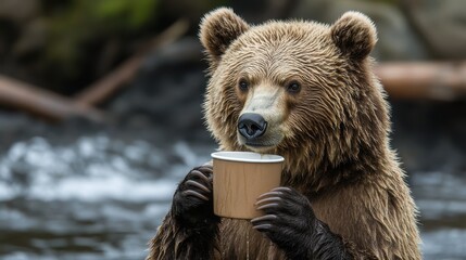 Fototapeta premium brown bear drinking coffee