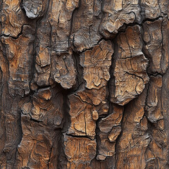 Rough bark texture with cracked layers in dark brown and gray tones, natural weathered surface.