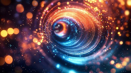 Abstract swirling vortex of colorful lights and particles on a dark background.