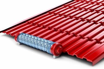 Fototapeta premium A close-up of a red metal roof with a solar panel attached to it.
