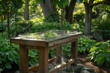 Fototapeta premium A wooden table with a glass top sits in a lush garden setting. Water trickles down from the top, creating a serene and tranquil atmosphere.