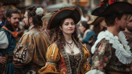 Young Woman in Elegant Renaissance Costume at Medieval Festival