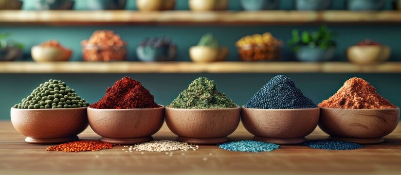 Assorted aromatic spices like paprika cumin turmeric coriander and chili powder in wooden bowls arranged on rustic kitchen shelves creating a vibrant and flavorful display