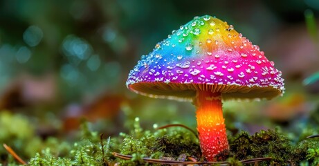 Fototapeta premium A vibrant, rainbow-colored mushroom with water droplets on its cap, set against a backdrop of green moss and foliage.