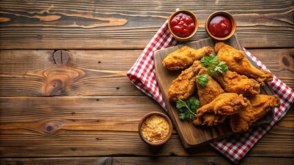 Flat lay of crispy fried chicken served on a rustic wooden table with copy space available, golden, savoury, meal, tasty, copy space,fried chicken, crispy, juicy, crispy skin, top view