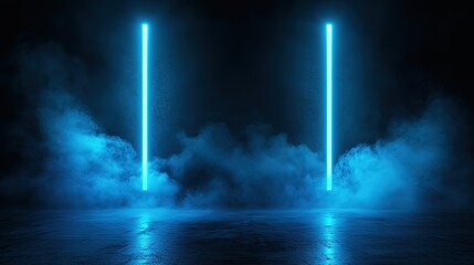 illuminated stage for mockup with blue lights and smoke on black background, Generative Ai