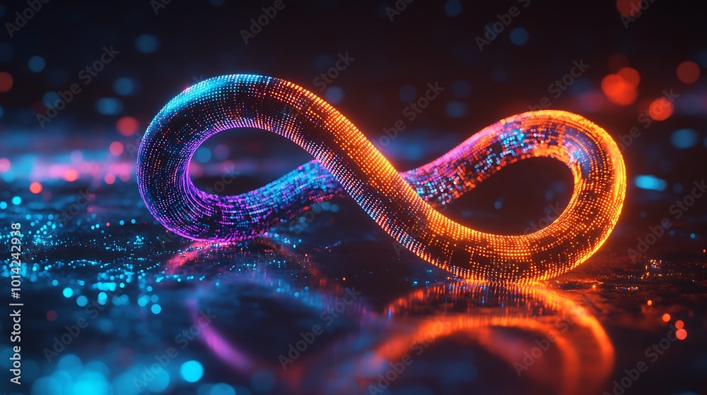 Poster a glowing infinity symbol made of particles against a dark background with blue and orange bokeh.