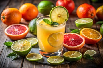 Close-up of fresh citrus juice surrounded by citrus fruits on rustic table