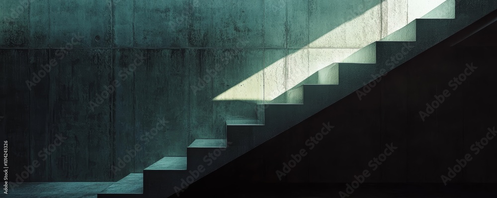 Poster concrete staircase with sunlight and shadow in minimalist architecture