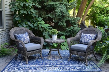 Obraz premium Three-piece patio set featuring gray wicker chairs and table on a blue rug in front of a lush green bush, showcasing stylish outdoor furniture.