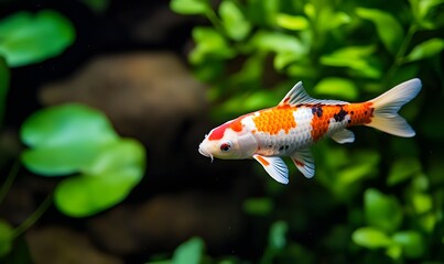 colorful japanese-style koi fish swimming gracefully in a spacious glass aquarium,  Generative AI