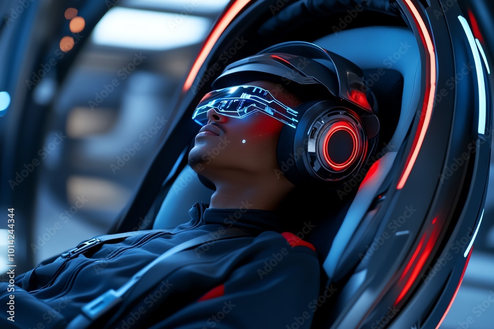 Poster Lazy use of technology portrayed by a person reclining in a futuristic chair, using AI to avoid work