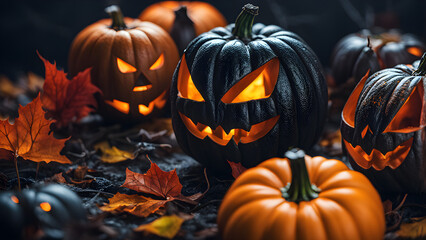 Unique and cute Halloween concept background, Unique Jack-o-lantern, Halloween pumpkin wallpaper, close-up of Halloween pumpkins, ai generated