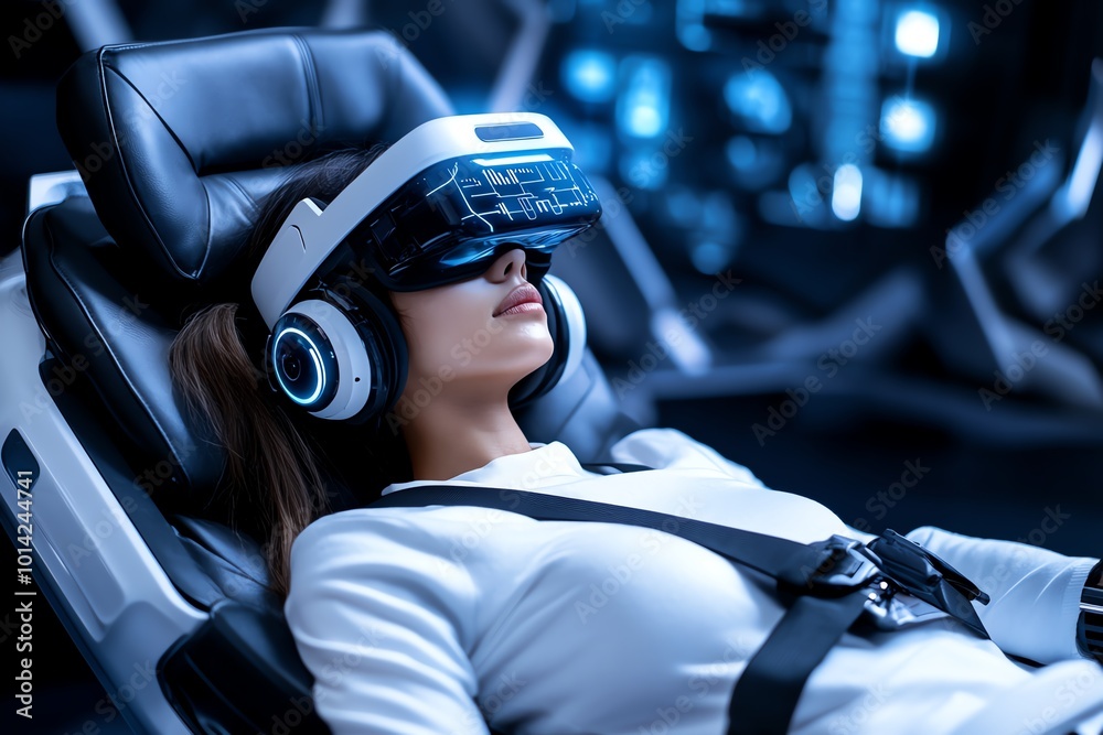 Poster Lazy use of technology portrayed by a person reclining in a futuristic chair, using AI to avoid work
