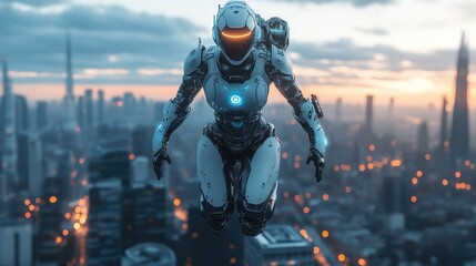 A flying robot or cyborg woman in a superhero iron suit. Robotic girl in armor lands on the skyline of a futuristic city. A superhero with jetpack rocket engine rises to the sky.