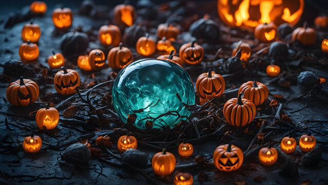 Unique and cute Halloween concept background, Unique Jack-o-lantern, Halloween pumpkin wallpaper, close-up of Halloween pumpkins, ai generated