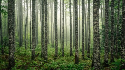 Obraz premium A quiet, misty forest with tall trees and the horizon barely visible through the haze.