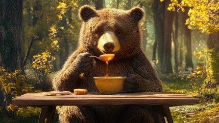 A bear sitting at a picnic table, eating honey from a bowl with a spoon.