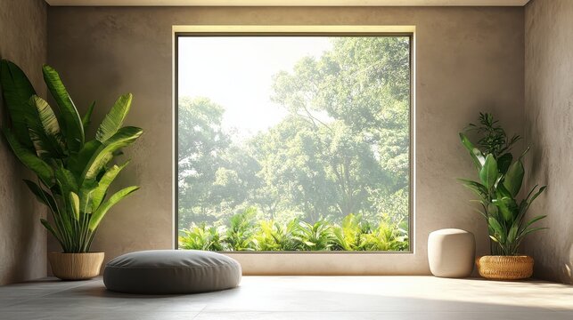 Bright and airy interior featuring large bay window with lush greenery outside. minimalist design enhances natural light, creating serene atmosphere