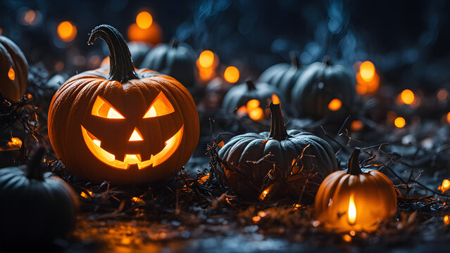 Unique and cute Halloween concept background, Unique Jack-o-lantern, Halloween pumpkin wallpaper, close-up of Halloween pumpkins, ai generated