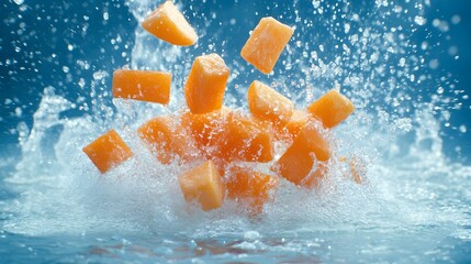 Vibrant orange cubes splash into clear water, creating dynamic waves and droplets against a blue background, showcasing energy and freshness.