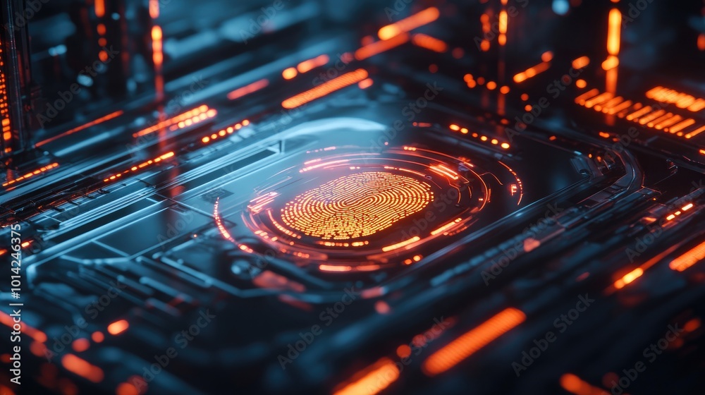 Poster a sleek image of a fingerprint scanner on a futuristic device, surrounded by glowing security data a