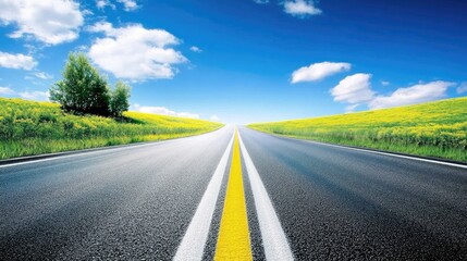 Fototapeta premium A scenic road cutting through a vibrant green forest, leading toward a distant horizon under a bright blue sky.