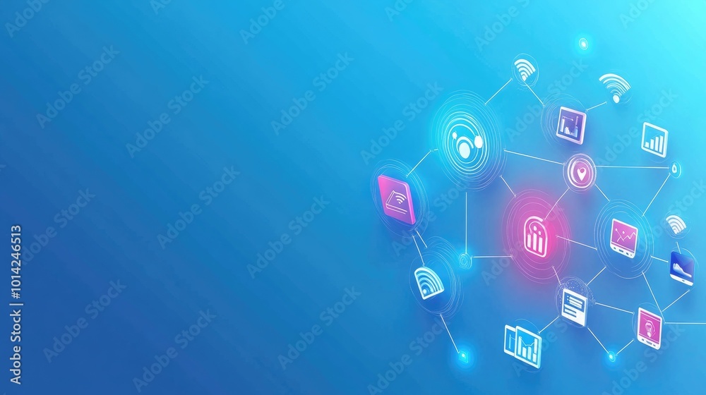 Poster abstract image of wireless signal icons connecting various devices on a gradient blue background, re
