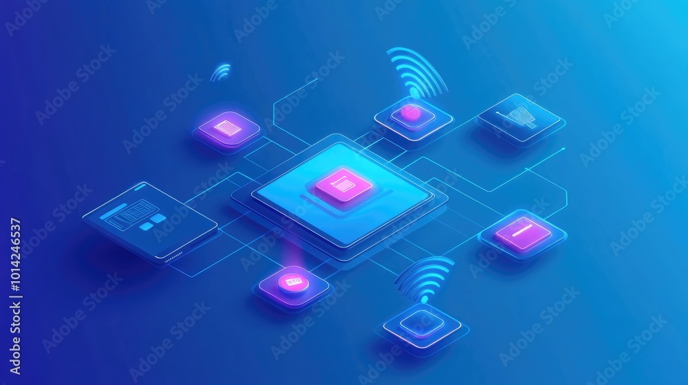 Poster abstract image of wireless signal icons connecting various devices on a gradient blue background, re