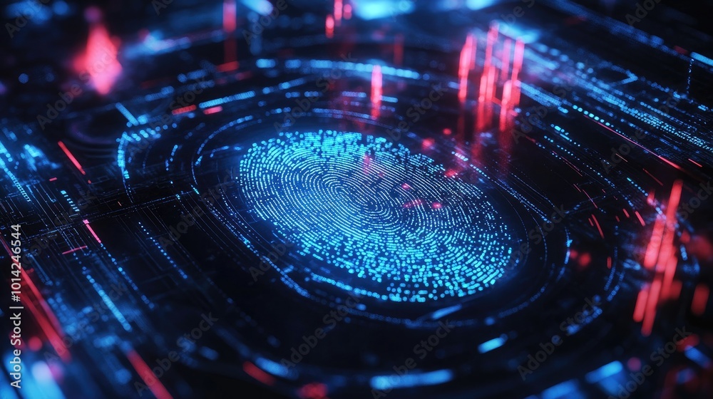 Poster abstract visual of a fingerprint being scanned with layers of encrypted code, representing advanced 
