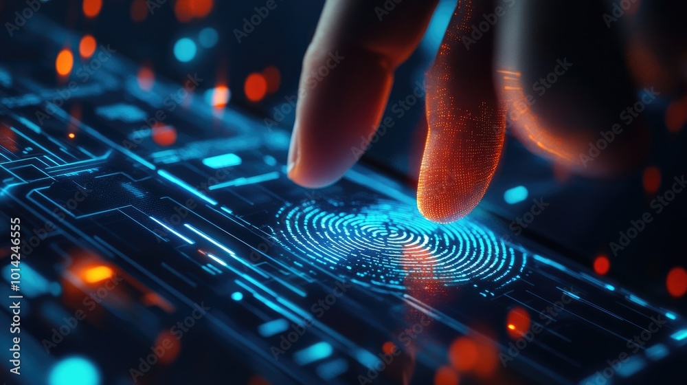 Poster close-up of a finger pressing a fingerprint sensor on a smart device, with encrypted code and digita