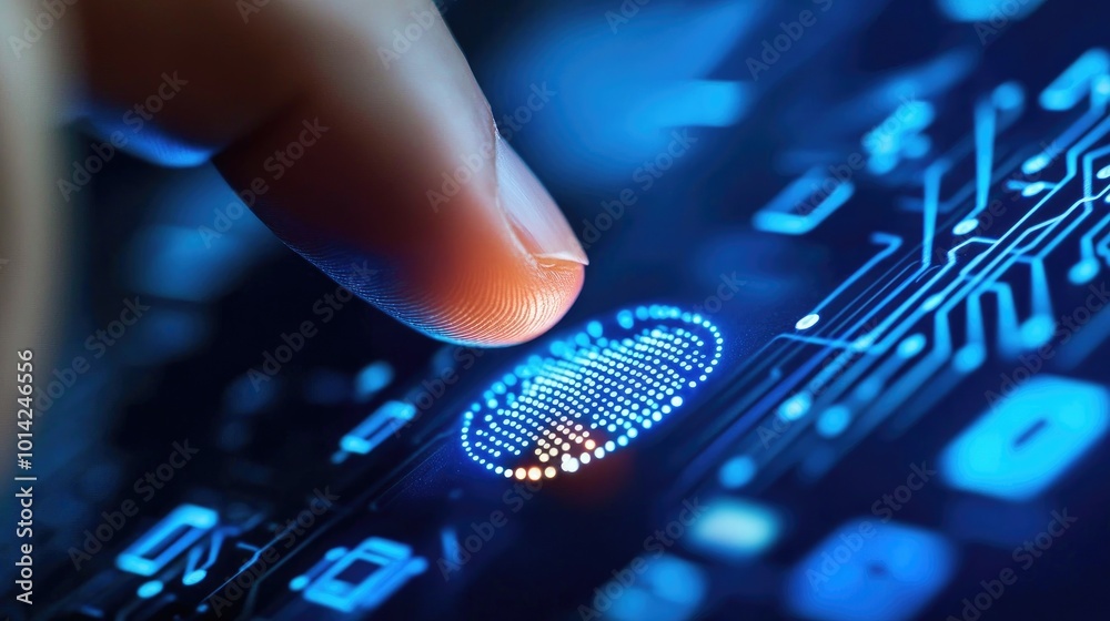 Poster close-up of a finger pressing a fingerprint sensor on a smart device, with encrypted code and digita
