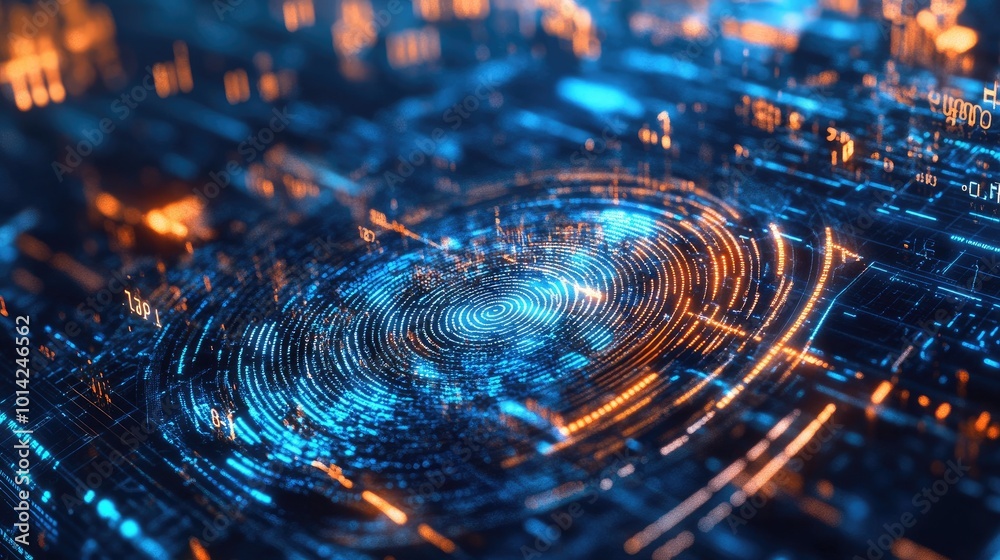 Poster abstract visual of a fingerprint being scanned with layers of encrypted code, representing advanced 