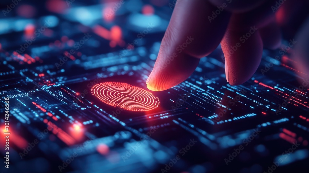 Poster close-up of a finger pressing a fingerprint sensor on a smart device, with encrypted code and digita