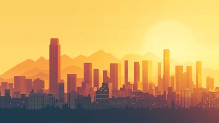Obraz premium Sunset skyline with silhouette buildings and mountains in the background, creating a warm, urban atmosphere.