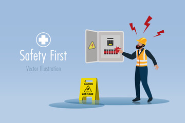 Electric shock at construction site. Worker touch breaker on wet floor causes electric shock accident.
Safety first, carelessly and accident caution at construction site. Vector.	
