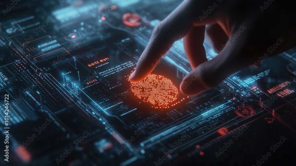 Poster high-res image of a hand touching a fingerprint scanner on a digital device, with security codes and