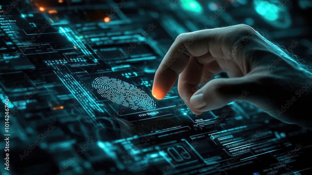 Poster high-res image of a hand touching a fingerprint scanner on a digital device, with security codes and