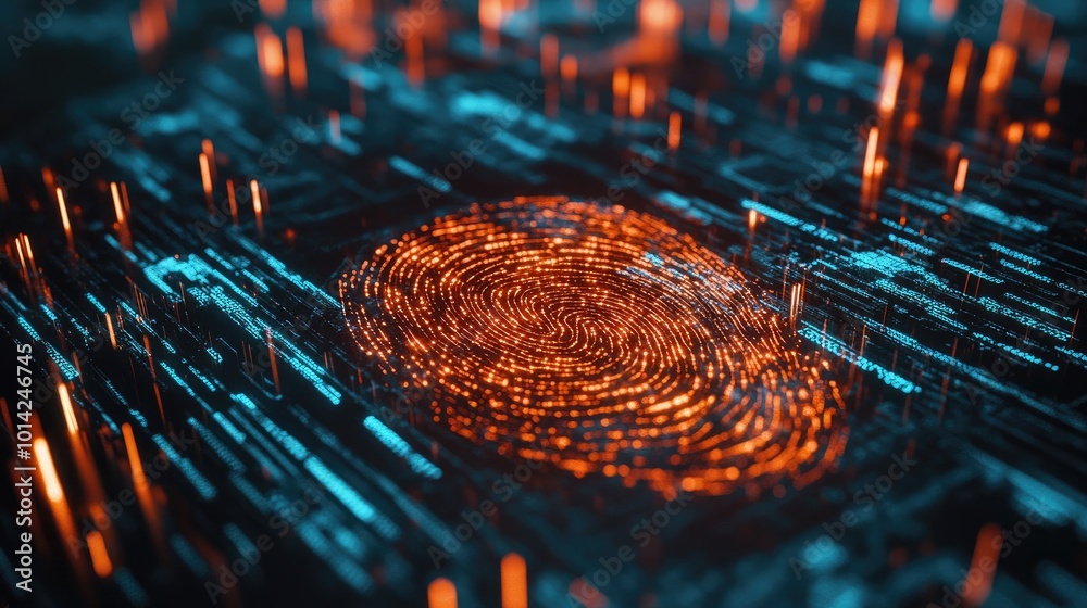 Poster high-res image of a hand touching a fingerprint scanner on a digital device, with security codes and