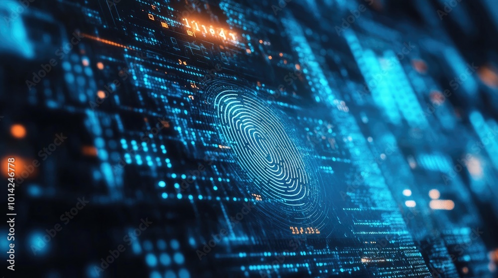 Poster high-res stock image of a cybersecurity interface with a fingerprint scan and binary code, symbolizi