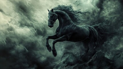 Obraz premium Black Horse in a Stormy Sky: A Dramatic Fantasy Image
